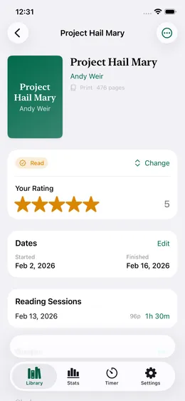 A book detail screen with a five-star rating, reading dates, and a logged session.