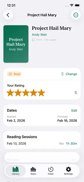 A reading journal entry on iPhone: a rating, review, dates, and saved quotes for one book.