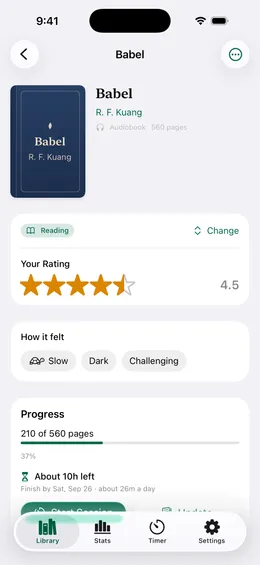 A book detail screen with a four-and-a-half-star rating, mood and pace tags, and reading progress with a projected finish date.