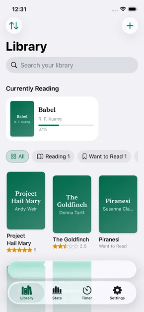 The Endleaf library on iPhone, a native alternative to StoryGraph with mood tracking and ratings.