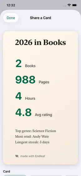 A shareable year-in-books card with books, pages, hours, and average rating.